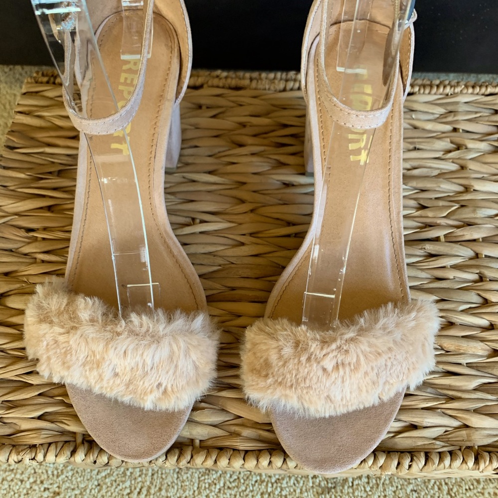 Blush colored fur single strap heel